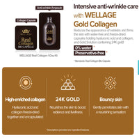 Image of Wellage Gold Collagen One Day Kit, containing 7 single-use packs. This kit is designed to boost collagen and rejuvenate the skin with a luxurious, gold-infused formula. The sleek packaging highlights the brand and product details