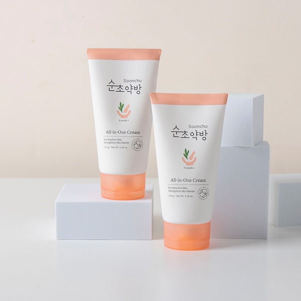 Sooncho All-in-One Cream 150g in a white container with blue label.
