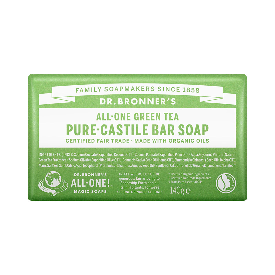 DR.BRONNER'S Green Tea Pure Castile Bar Soap 140g