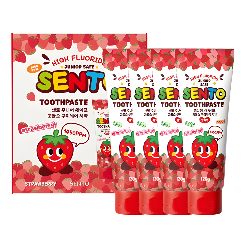 SENTO Junior Safe High-Fluoride Bad Breath Care Kids Toothpaste (Strawberry Flavor) - 4 Pack (120g x 4)